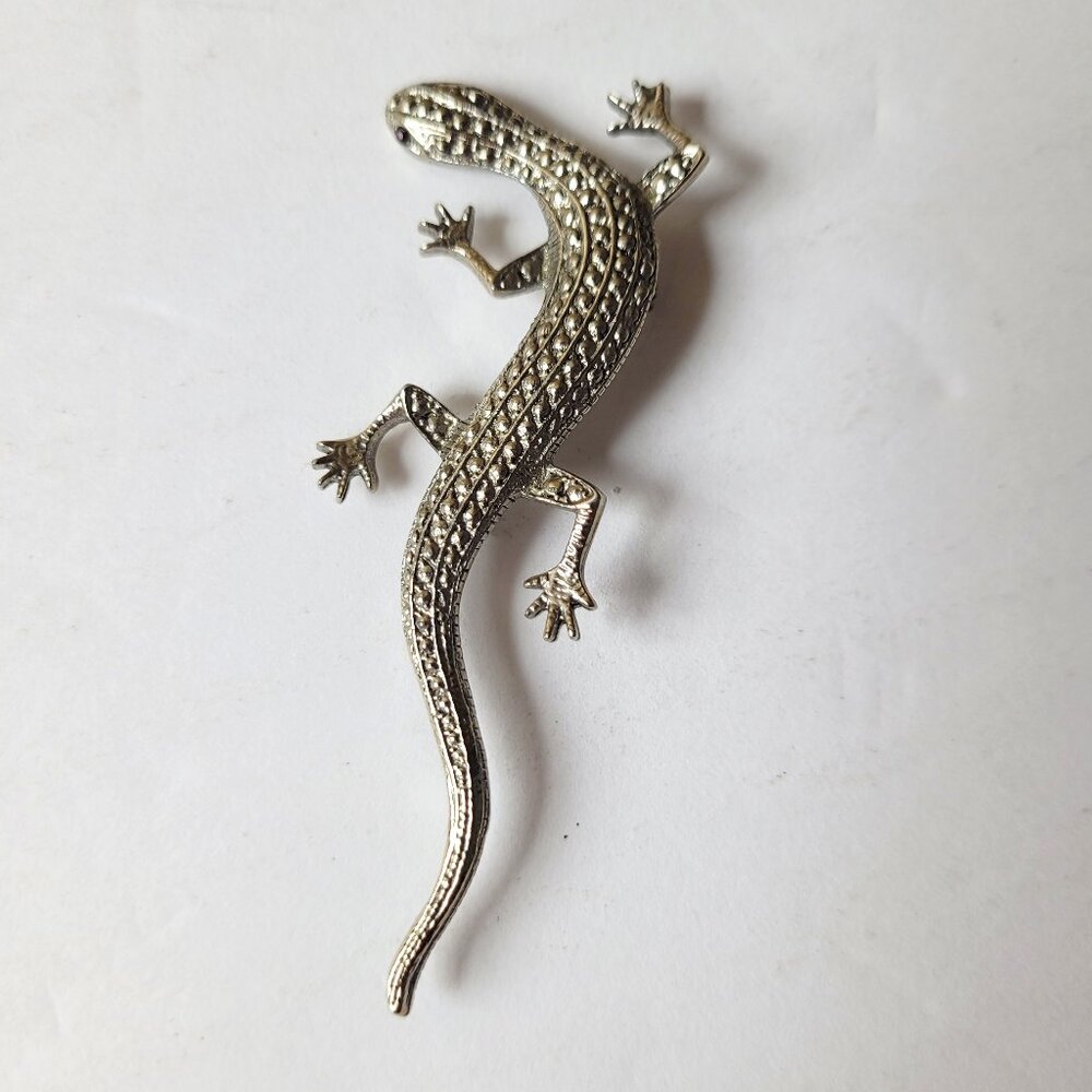VTG Lizard Pin Brooch Silver-Tone Red Glass Eyes 3.25" Unique Delicate BoHo Cool